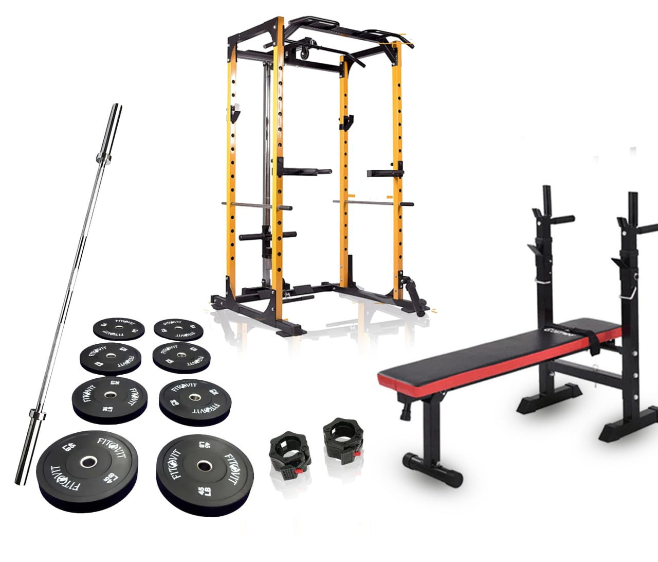 Power Rack Bumper Plates Olympic Bar and Workout Bench