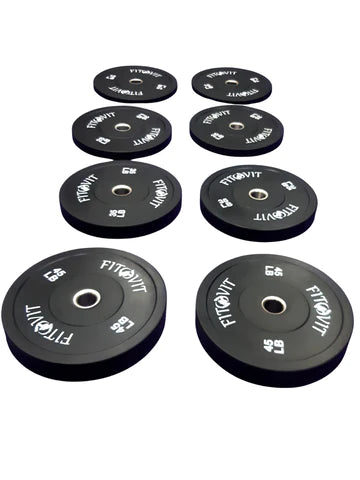 45lb bumper plates, 35lb bumper plates, 25lb bumper plates, 15lb bumper plates, 10lb bumper plates.