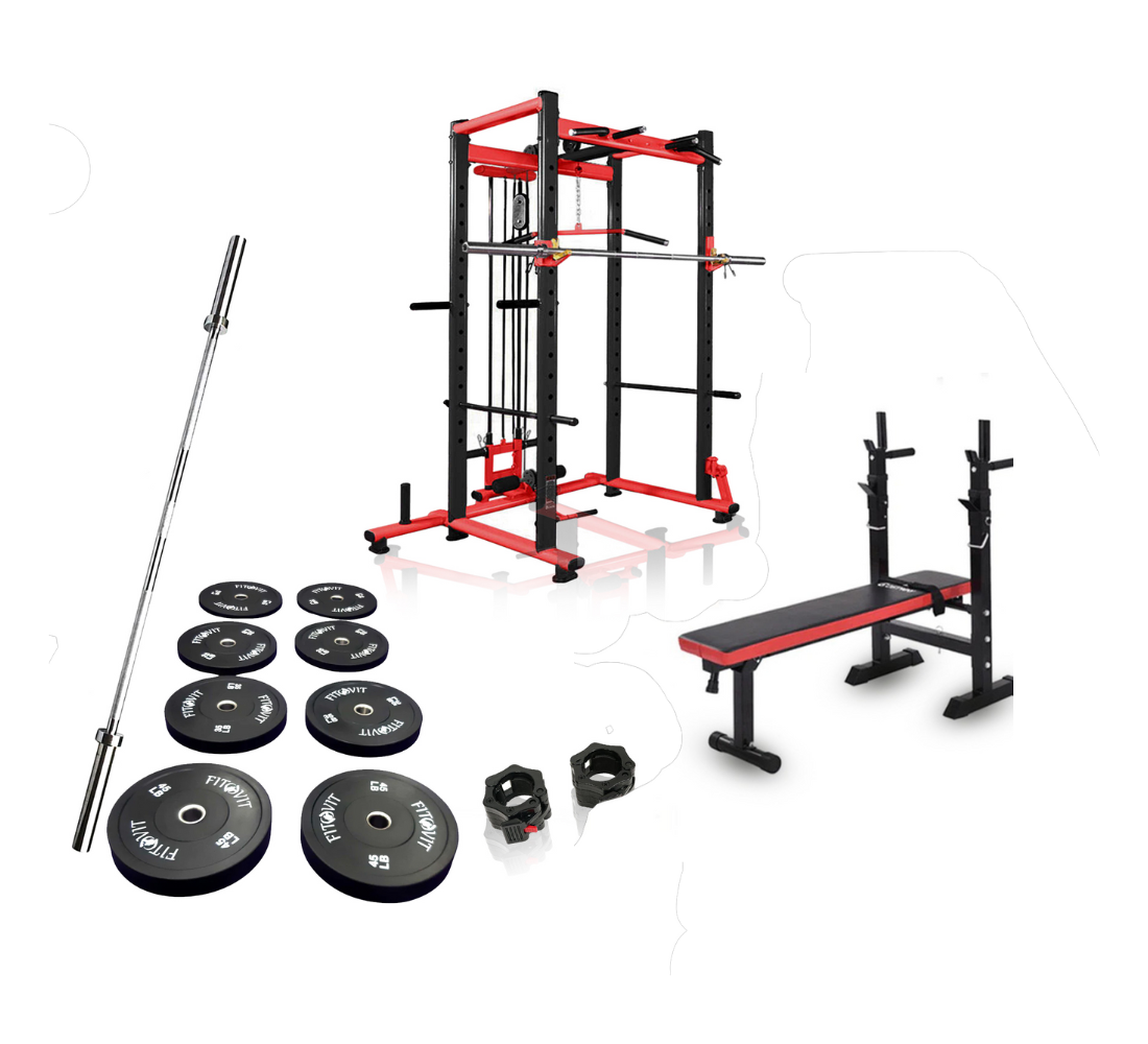 home gym setup of heavy duty power rack, bumper plates, olympic bar, and flat workout bench. Gym equipment at affordable price. Buy racks in Ontario and Quebec.